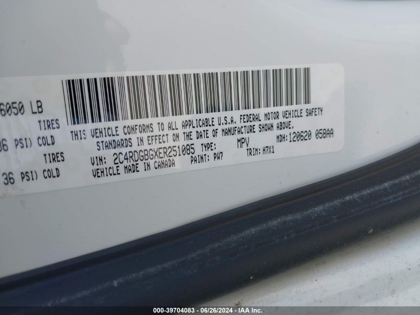 2014 Dodge Grand Caravan American Value Pkg VIN: 2C4RDGBGXER251085 Lot: 39704083