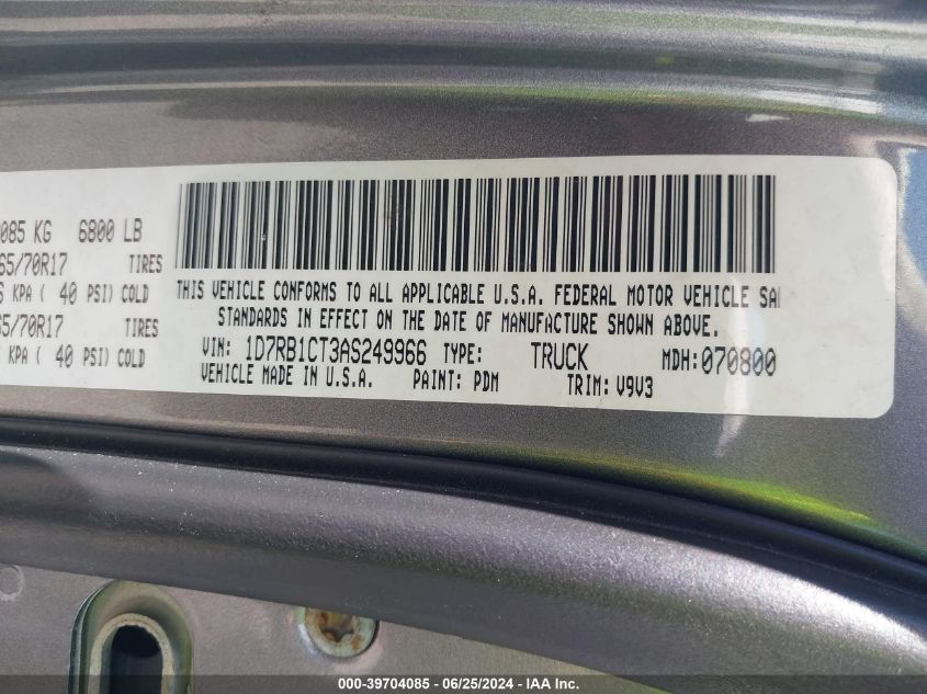 2010 Dodge Ram 1500 St VIN: 1D7RB1CT3AS249966 Lot: 39704085