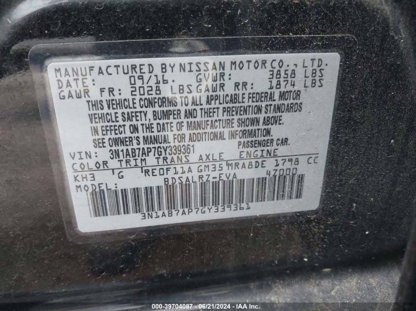 2016 Nissan Sentra Sr VIN: 3N1AB7AP7GY339361 Lot: 39704087