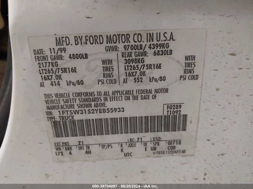 2000 Ford F-350 Lariat/Xl/Xlt VIN: 1FTSW31S2YEB55933 Lot: 39704097