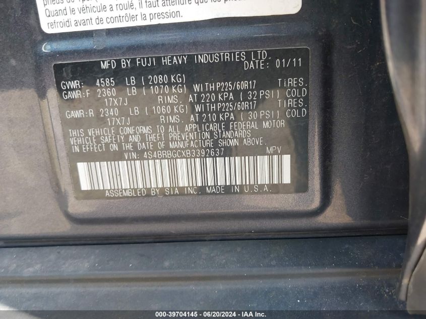 2011 Subaru Outback 2.5I Premium VIN: 4S4BRBGCXB3392637 Lot: 39704145