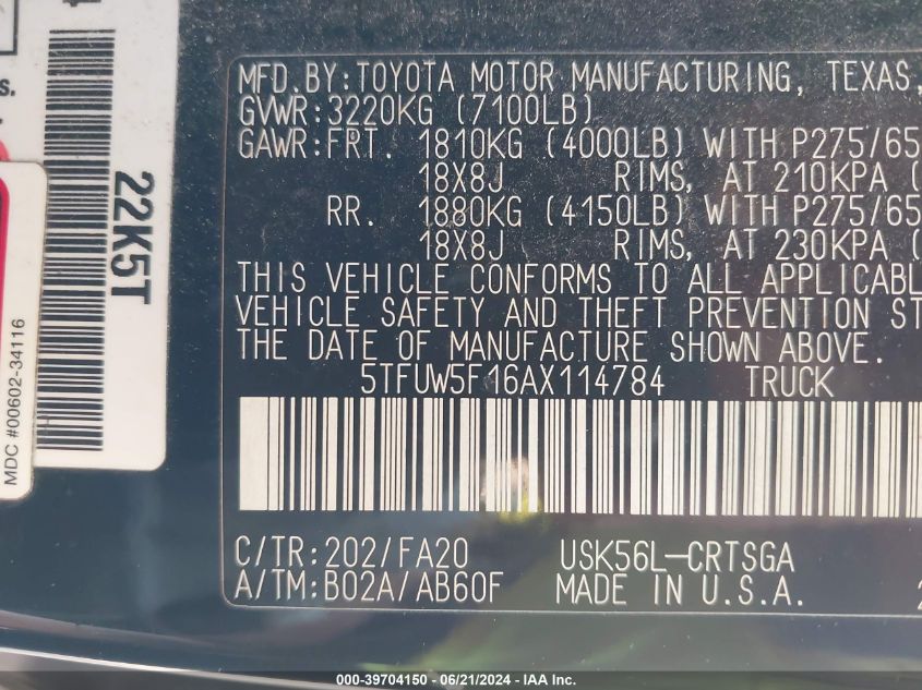 2010 Toyota Tundra Double Cab Sr5 VIN: 5TFUW5F16AX114784 Lot: 39704150