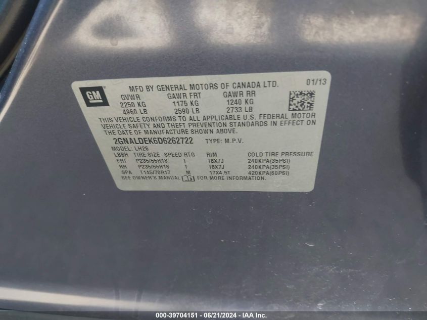 2013 Chevrolet Equinox 1Lt VIN: 2GNALDEK6D6262722 Lot: 39704151