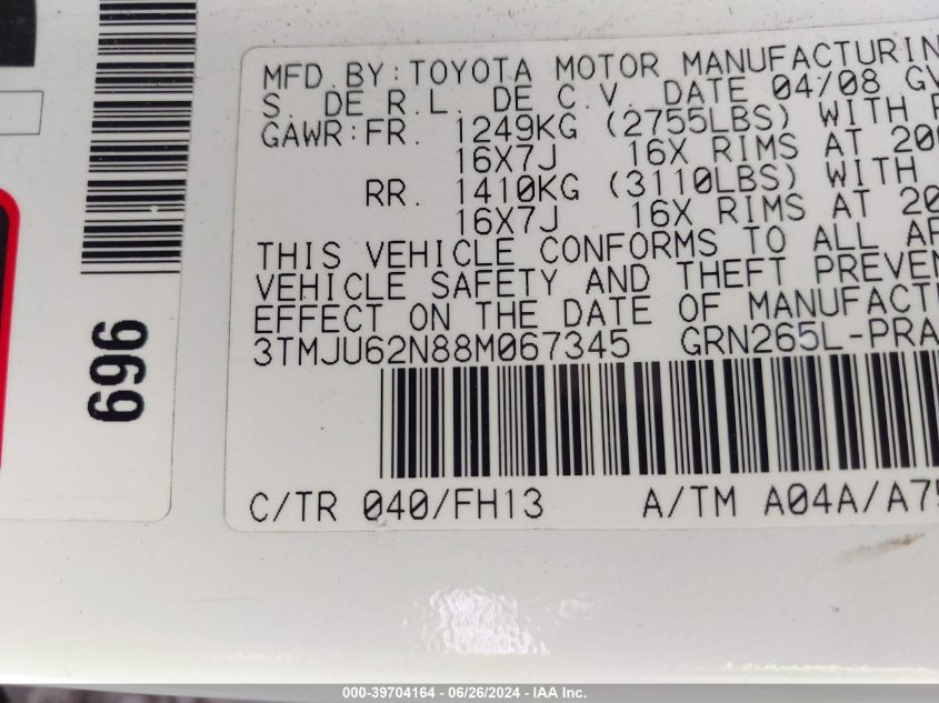 2008 Toyota Tacoma Prerunner V6 VIN: 3TMJU62N88M067345 Lot: 39704164