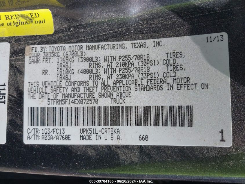 2014 Toyota Tundra Sr5 4.6L V8 VIN: 5TFRM5F14EX072570 Lot: 39704165