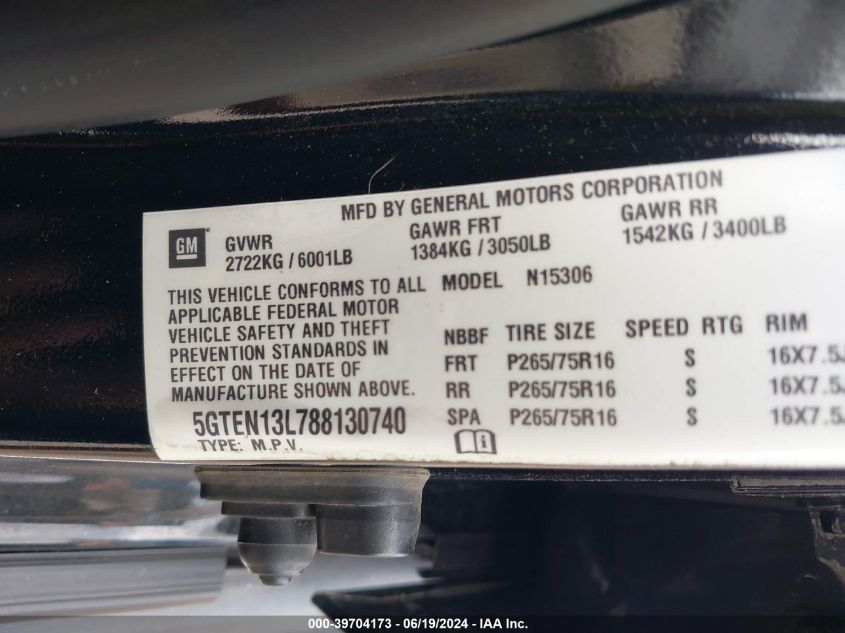 2008 Hummer H3 Suv Alpha VIN: 5GTEN13L788130740 Lot: 39704173