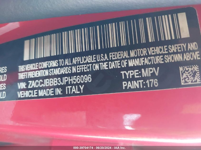 2018 Jeep Renegade Latitude 4X4 VIN: ZACCJBBB3JPH56096 Lot: 39704174