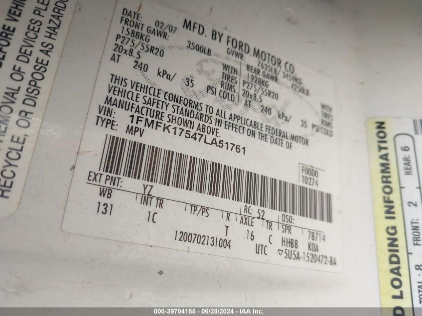 2007 Ford Expedition El Eddie Bauer VIN: 1FMFK17547LA51761 Lot: 39704185