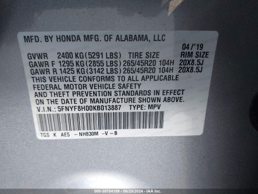 2019 Honda Passport Elite VIN: 5FNYF8H00KB013887 Lot: 39704189