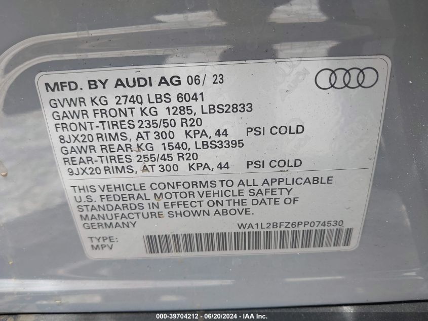 2023 Audi Q4 E-Tron Premium Plus 50 Quattro VIN: WA1L2BFZ6PP074530 Lot: 39704212