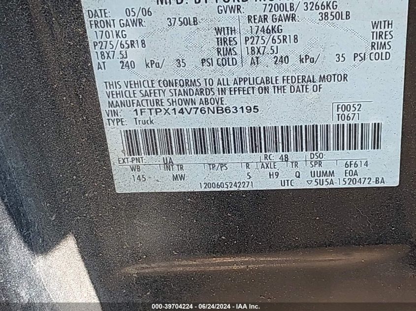 2006 Ford F-150 Fx4/Lariat/Xl/Xlt VIN: 1FTPX14V76NB63195 Lot: 39704224