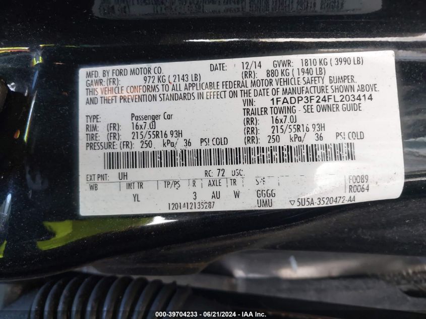 2015 Ford Focus Se VIN: 1FADP3F24FL203414 Lot: 39704233