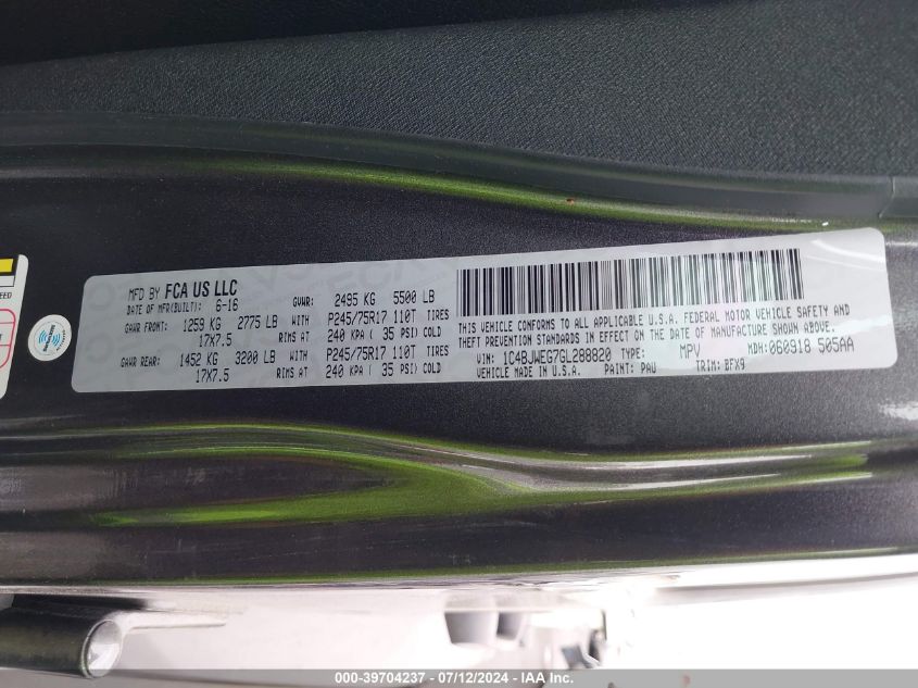 2016 Jeep Wrangler Unlimited 75Th Anniversary VIN: 1C4BJWEG7GL288820 Lot: 39704237