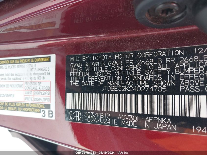 2004 Toyota Camry Le VIN: JTDBE32K240274705 Lot: 39704241