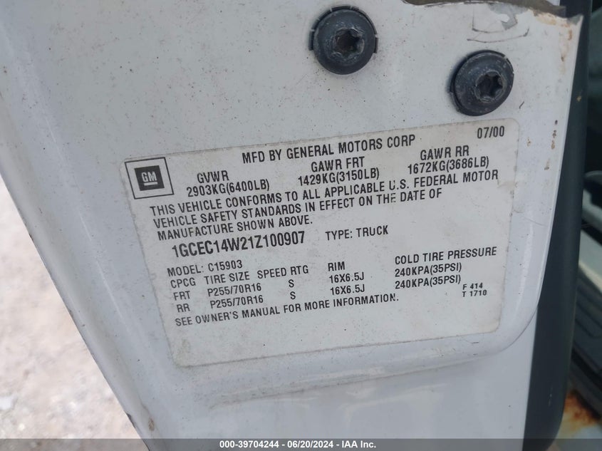 2001 Chevrolet Silverado 1500 VIN: 1GCEC14W21Z100907 Lot: 39704244