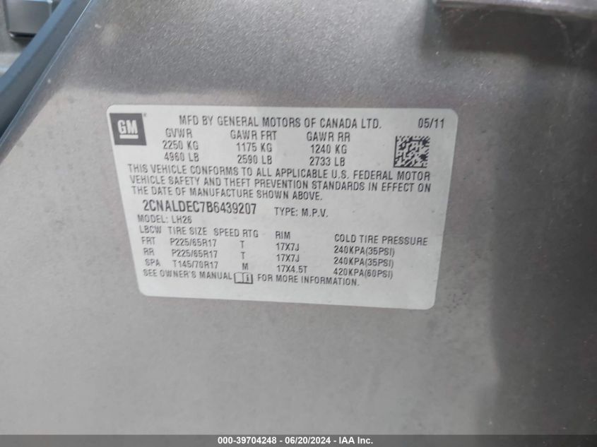 2011 Chevrolet Equinox 1Lt VIN: 2CNALDEC7B6439207 Lot: 39704248