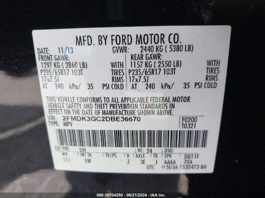 2013 Ford Edge Se VIN: 2FMDK3GC2DBE36670 Lot: 39704250