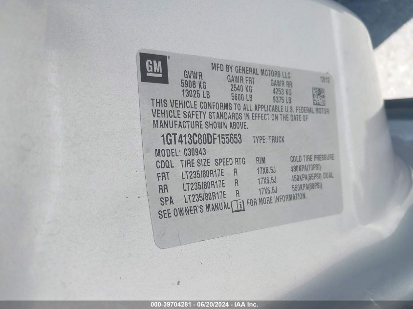 2013 GMC Sierra C3500 Sle VIN: 1GT413C80DF155653 Lot: 39704281