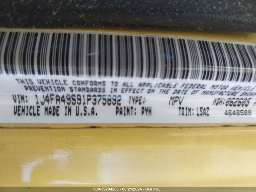 2001 Jeep Wrangler Sport VIN: 1J4FA49S91P375892 Lot: 39704286