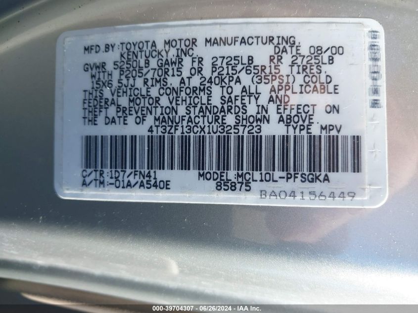 2001 Toyota Sienna Le VIN: 4T3ZF13CX1U325723 Lot: 39704307