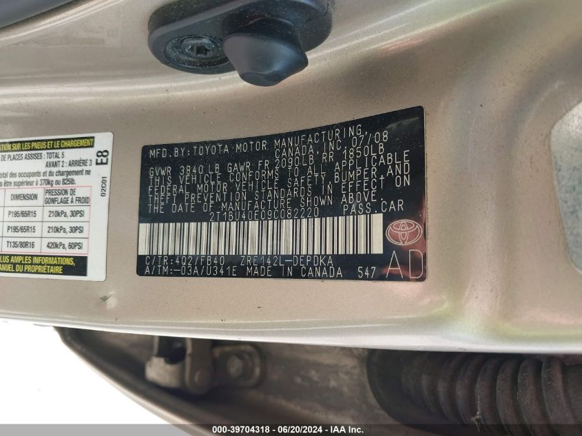 2009 Toyota Corolla Le VIN: 2T1BU40E09C082220 Lot: 39704318