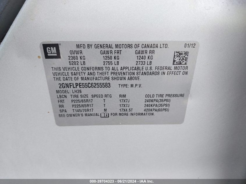 2012 Chevrolet Equinox 2Lt VIN: 2GNFLPE55C6255583 Lot: 39704323