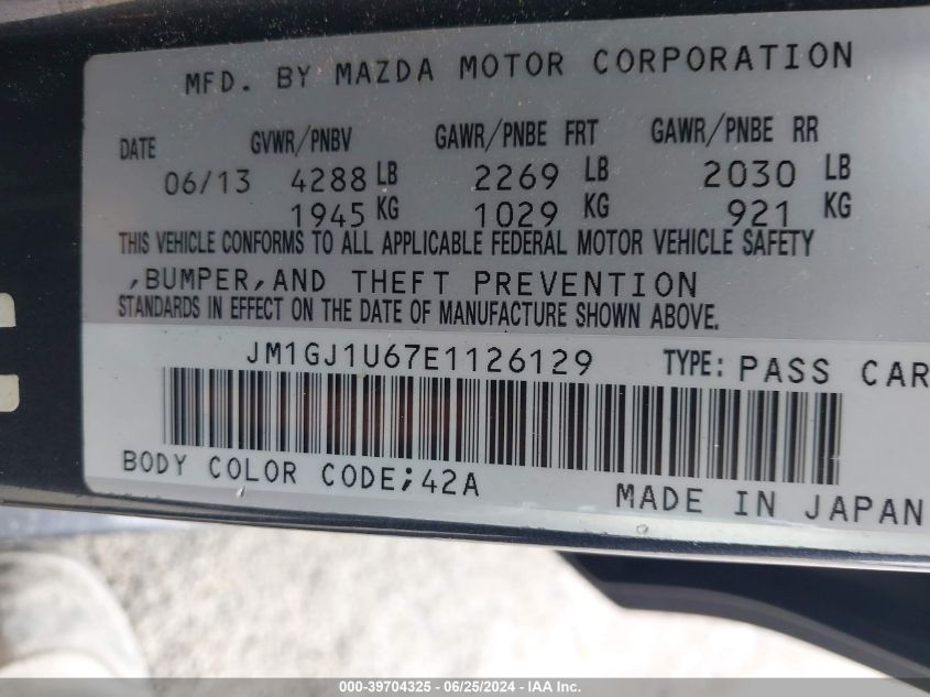 2014 Mazda Mazda6 Sport VIN: JM1GJ1U67E1126129 Lot: 39704325