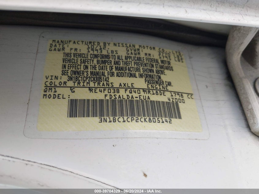 2012 Nissan Versa S/Sl VIN: 3N1BC1CP2CK805142 Lot: 39704329