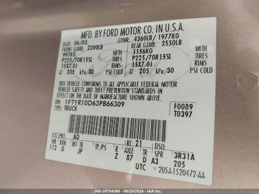 2003 Ford Ranger Xl/Xlt VIN: 1FTYR10D63PB66309 Lot: 39704368