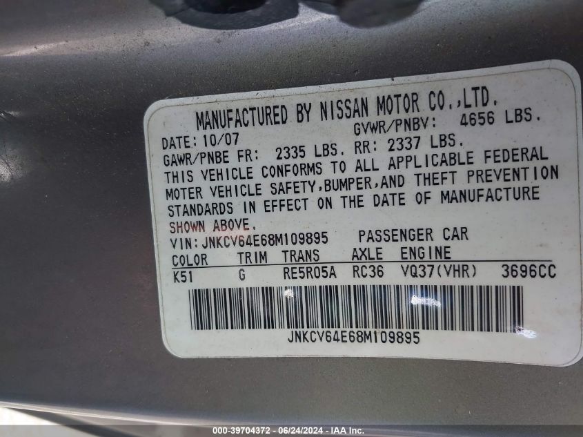 2008 Infiniti G37 Journey VIN: JNKCV64E68M109895 Lot: 39704372