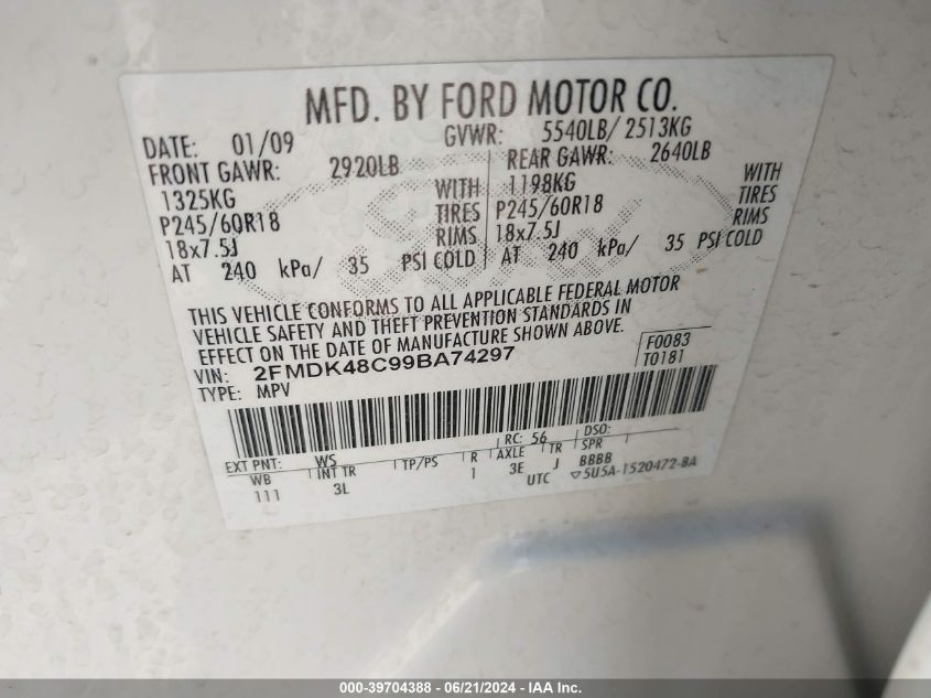 2009 Ford Edge Sel VIN: 2FMDK48C99BA74297 Lot: 39704388