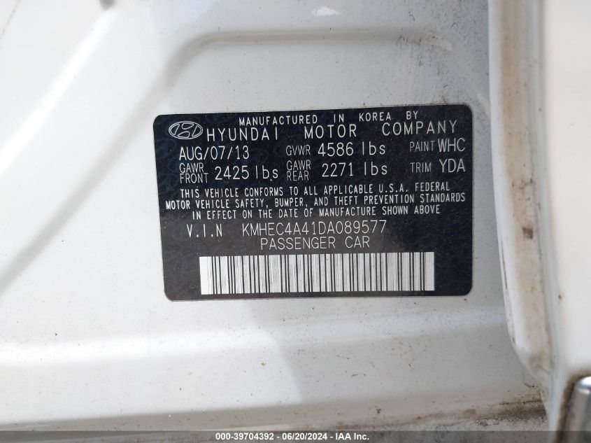 2013 Hyundai Sonata Hybrid Limited VIN: KMHEC4A41DA089577 Lot: 39704392