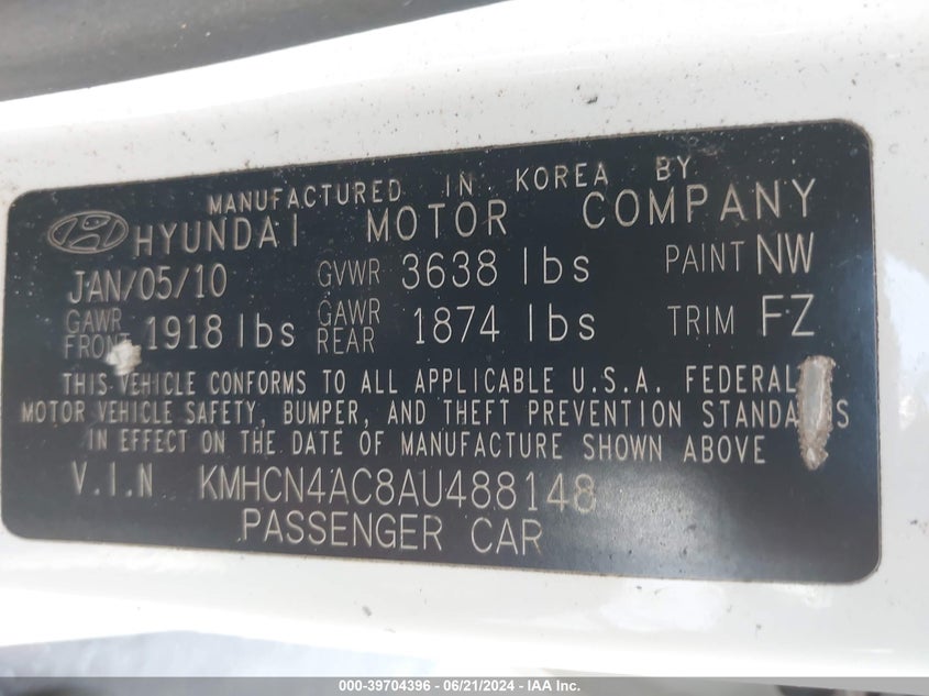 2010 Hyundai Accent Gls VIN: KMHCN4AC8AU488148 Lot: 39704396