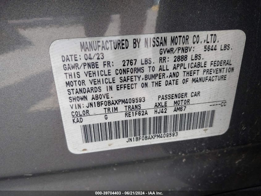 2023 Nissan Ariya Evolve+ VIN: JN1BF0BAXPM409593 Lot: 39704403