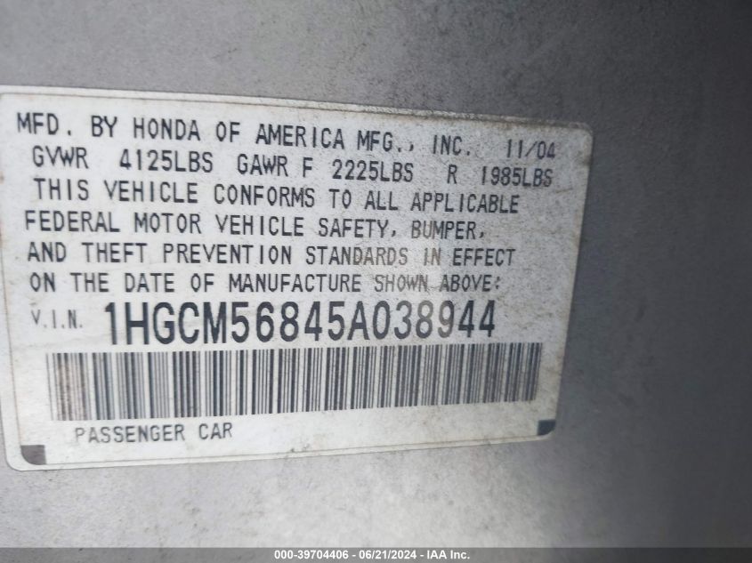 2005 Honda Accord Ex VIN: 1HGCM56845A038944 Lot: 39704406