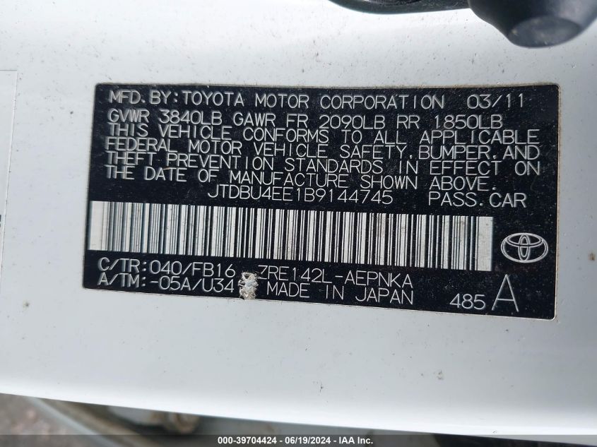 2011 Toyota Corolla Le VIN: JTDBU4EE1B9144745 Lot: 39704424