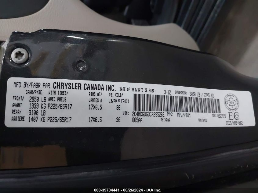 2012 Dodge Grand Caravan Crew VIN: 2C4RDGDG3CR285282 Lot: 39704441