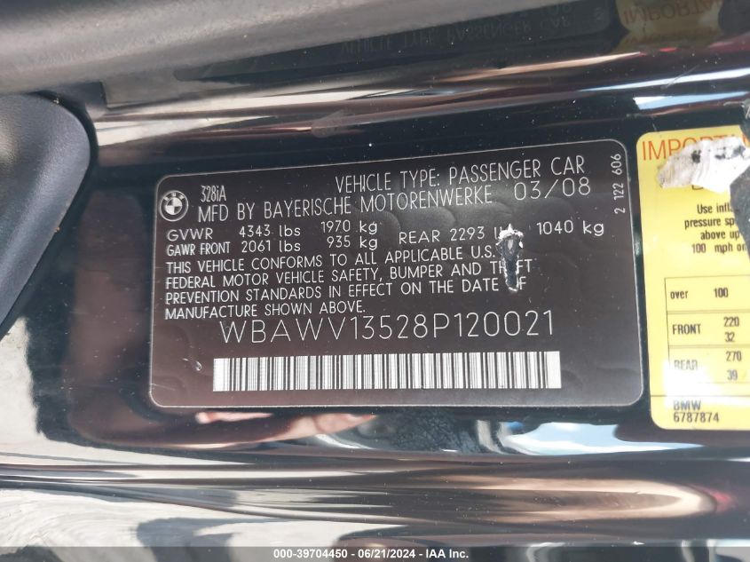 2008 BMW 328I VIN: WBAWV13528P120021 Lot: 39704450