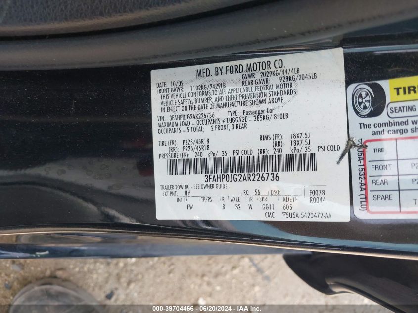 2010 Ford Fusion Sel VIN: 3FAHP0JG2AR226736 Lot: 39704466