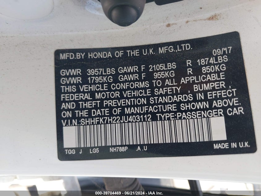 2018 HONDA CIVIC LX - SHHFK7H22JU403112