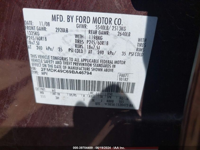 2009 Ford Edge Limited VIN: 2FMDK49C69BA46794 Lot: 39704489