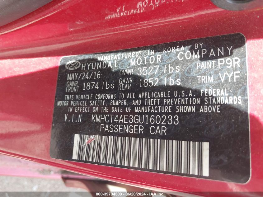 2016 Hyundai Accent Se VIN: KMHCT4AE3GU160233 Lot: 39704500