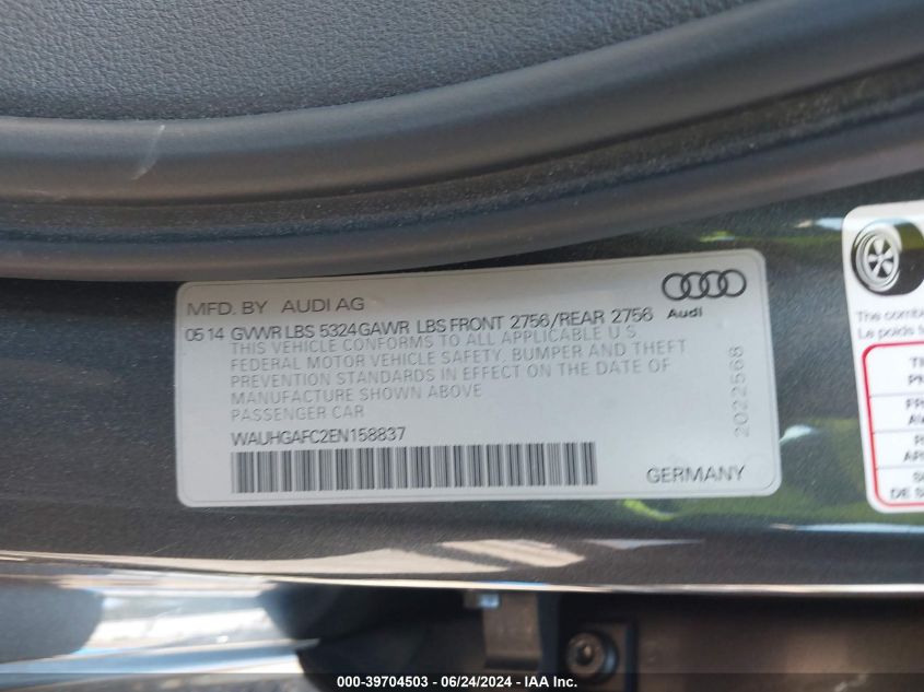 2014 Audi A6 3.0T Premium Plus VIN: WAUHGAFC2EN158837 Lot: 39704503