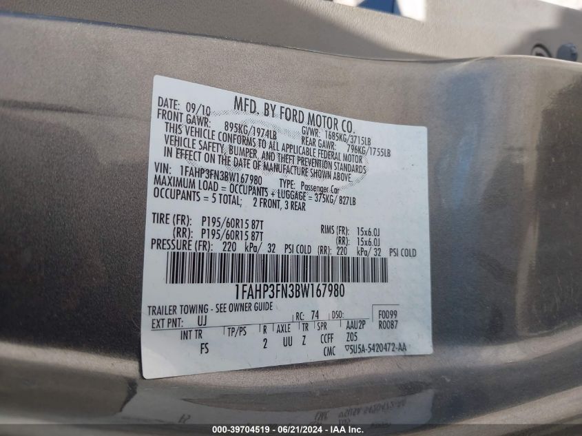 2011 Ford Focus Se VIN: 1FAHP3FN3BW167980 Lot: 39704519