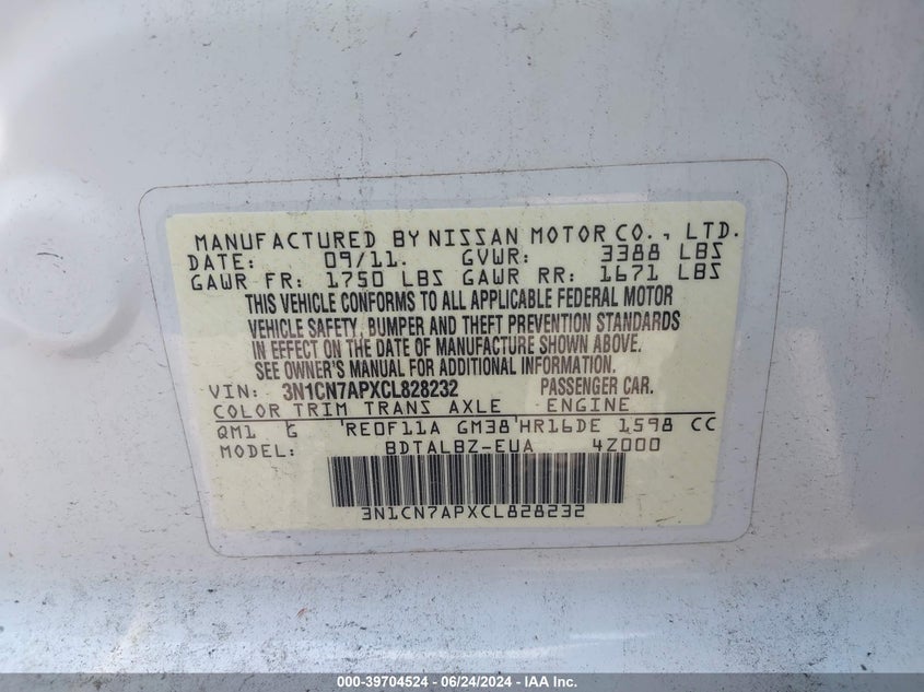 2012 Nissan Versa 1.6 Sv VIN: 3N1CN7APXCL828232 Lot: 39704524