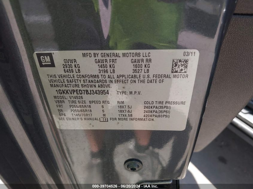 2011 GMC Acadia Sle VIN: 1GKKVPED7BJ343954 Lot: 39704526