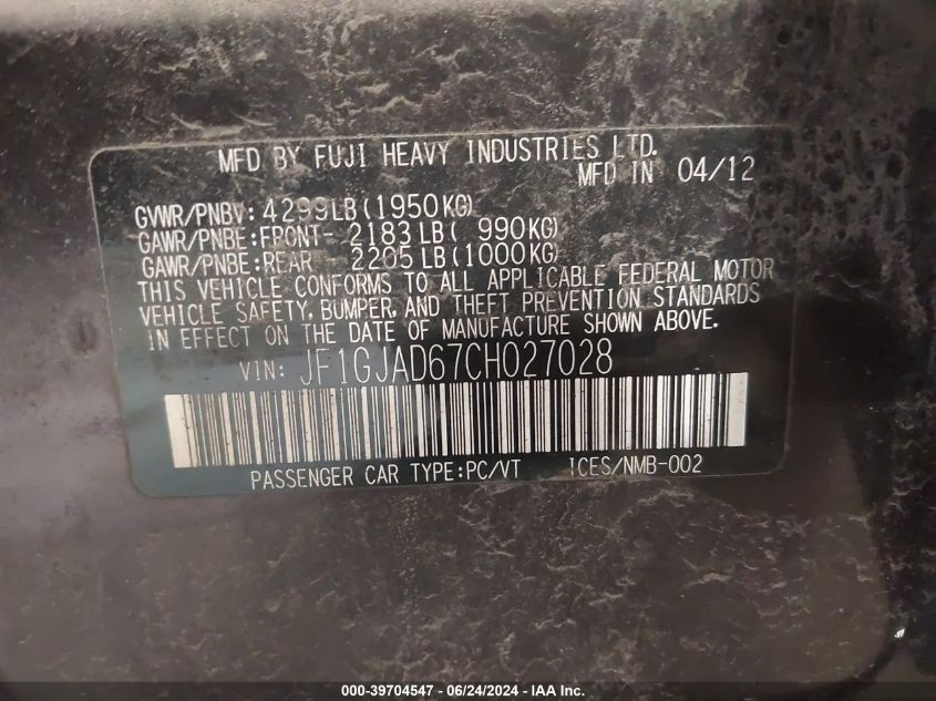 2012 Subaru Impreza 2.0I Premium VIN: JF1GJAD67CH027028 Lot: 39704547