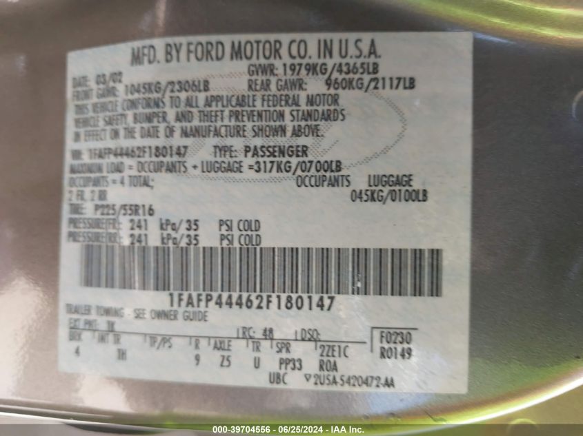 2002 Ford Mustang VIN: 1FAFP44462F180147 Lot: 39704556