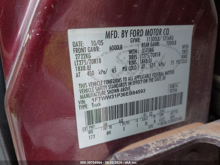 2006 Ford Super Duty F-350 Srw Xl/Xlt/Lariat/King Ranch/Amarillo/Harley-Davidson VIN: 1FTWW31P36EB84593 Lot: 39704564