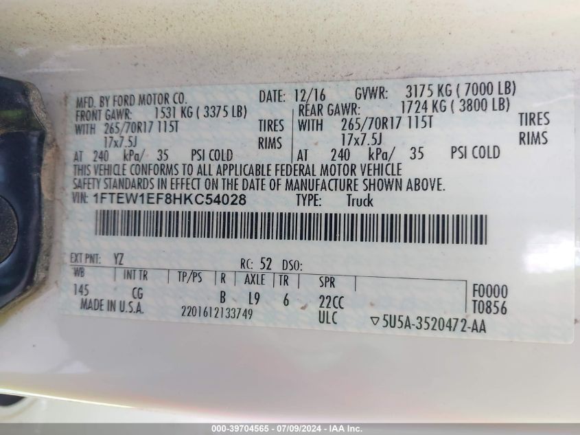 2017 Ford F-150 Xl VIN: 1FTEW1EF8HKC54028 Lot: 39704565